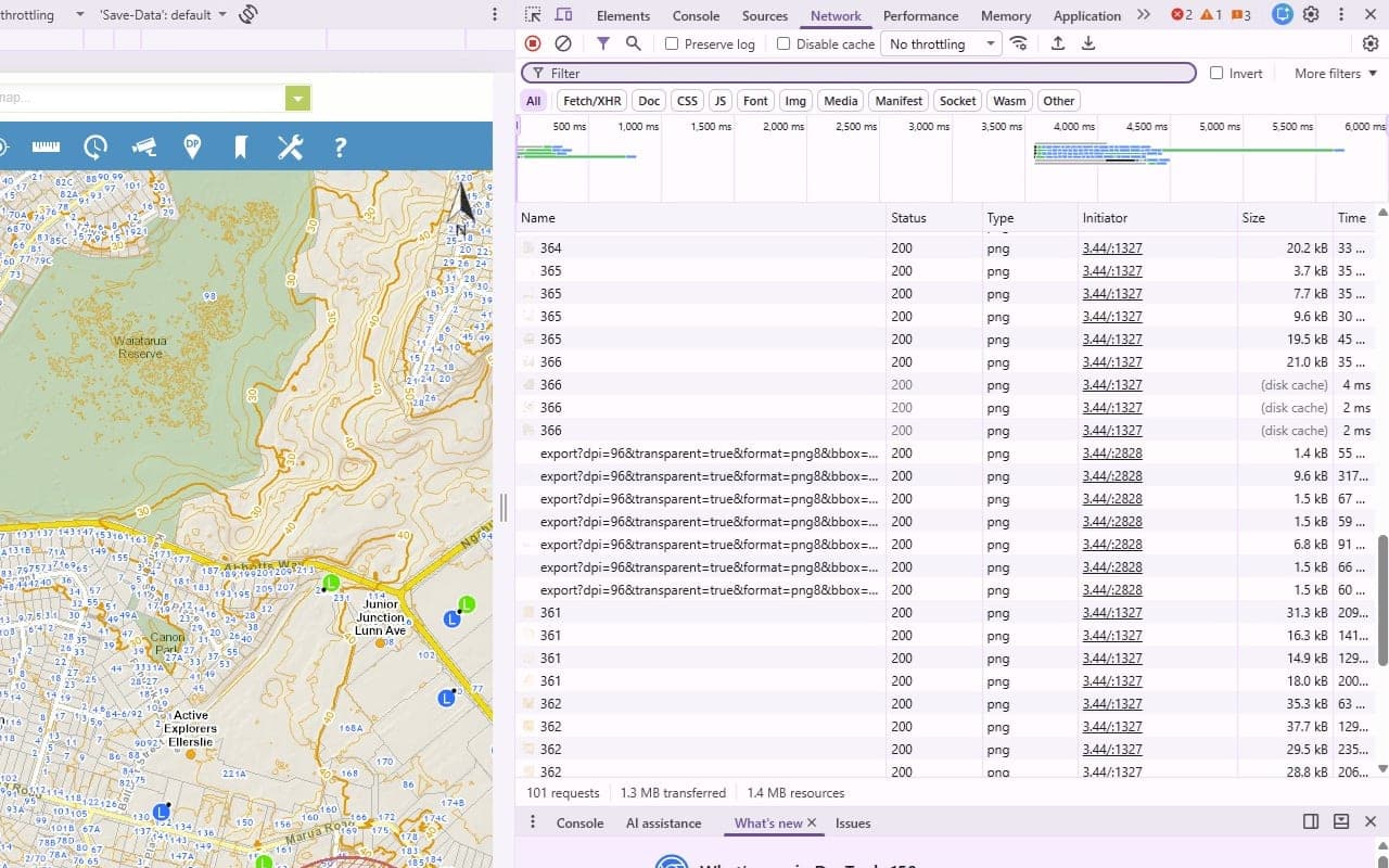 A public map viewer with the browser DevTools Network tab open beside it, showing a hundred-plus tile and export requests you would have to scroll through and decode by hand to find the service URL.