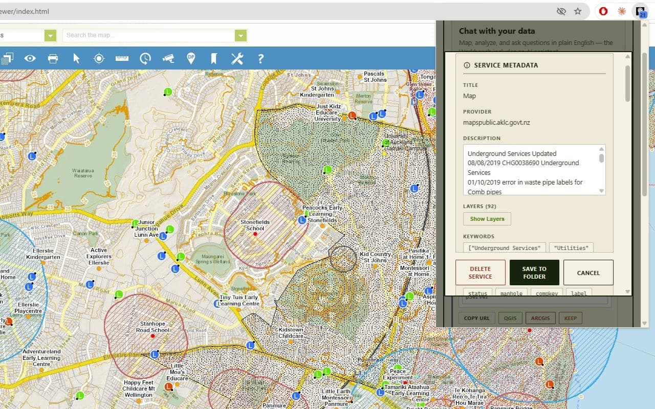 A service metadata panel in the Geo Hound popup showing the title, provider, description, layer count, and keywords already fetched for a detected map service.