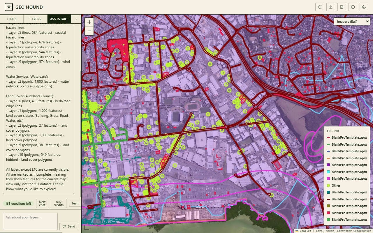 The Geo Hound assistant mid-conversation, summarising the layers it has loaded and their feature counts, beside a map of styled layers over satellite imagery with a legend.